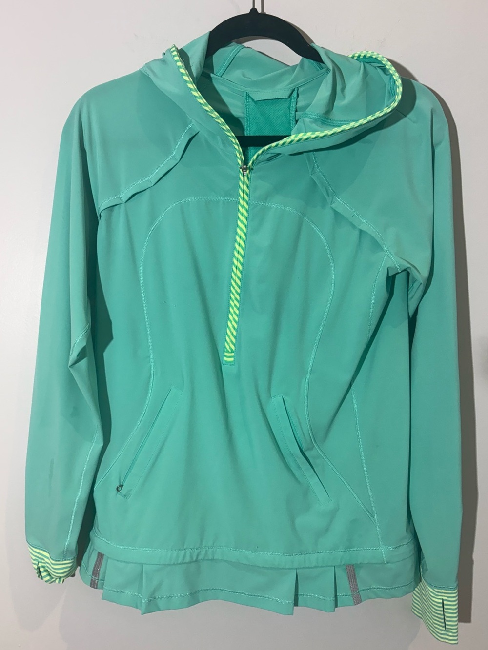 Lululemon Aqua Turquoise Hooded Half Zip Running Pullover Ruffle Hem